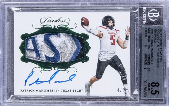2018 Panini Flawless Collegiate Emerald #PA-PM Patrick Mahomes II Signed Patch Card (#4/5) - BGS NM-MT+ 8.5/BGS 10
